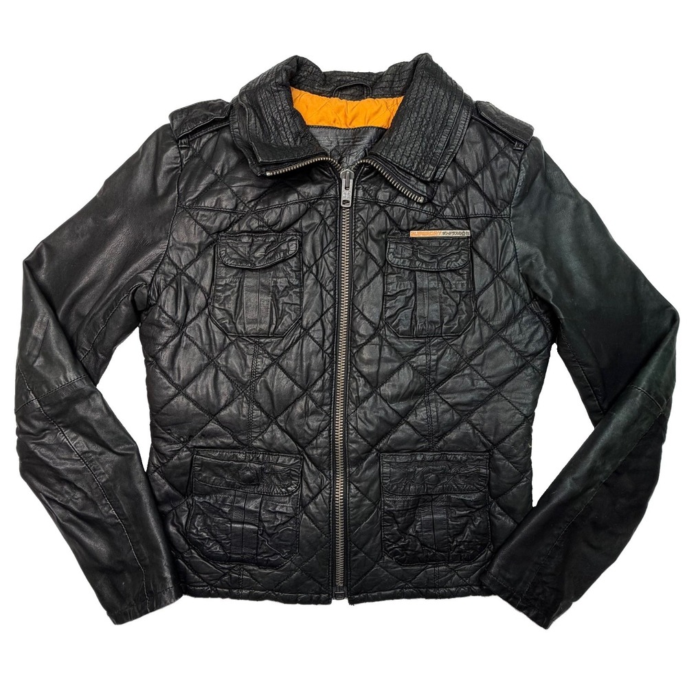 Superdry Ramona Leather Jacket Women's M Black Quilted Moto Biker Orange Lined